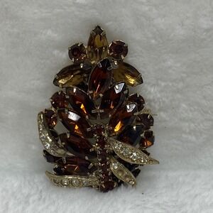 Vintage Amber Rhinestone Brooch Pin Gold Tone Floral Flower Costume Jewelry *SEE